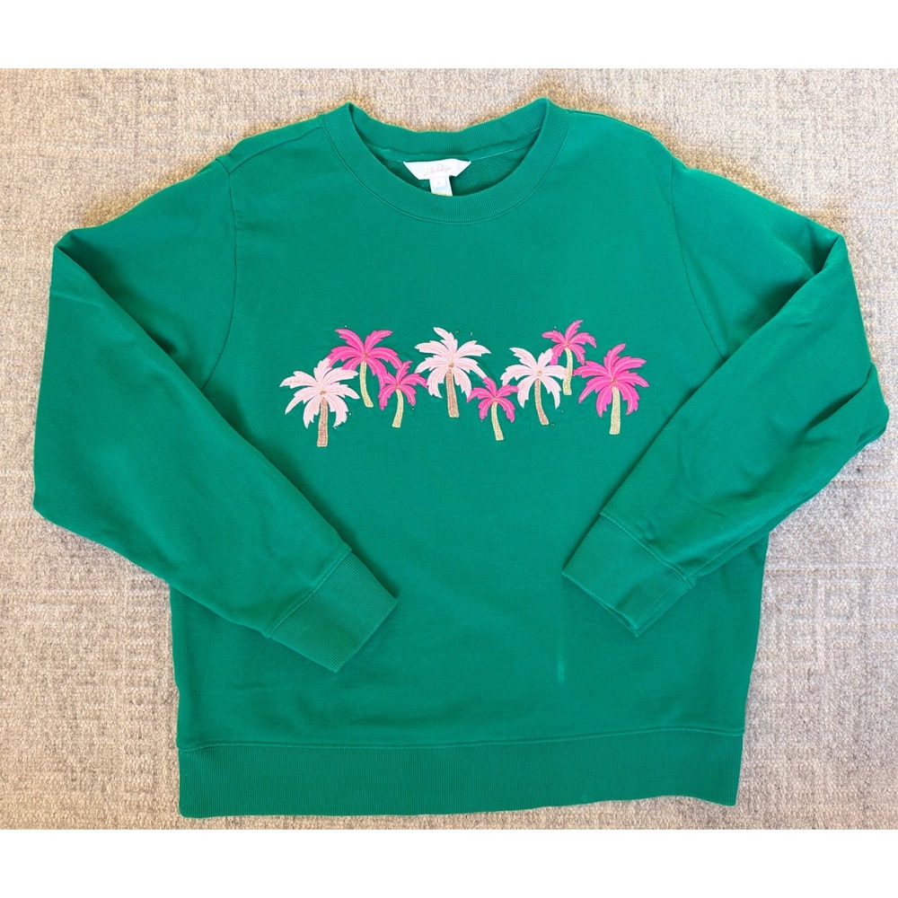 EUC Lilly Pulitzer large Ballad LS Sweatshirt Fiddle Leaf Green Palm Trees
